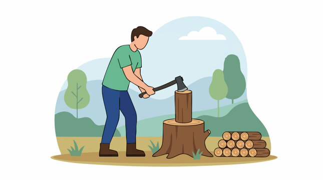 Man chopping wood with an axe, splitting logs in an outdoor setting