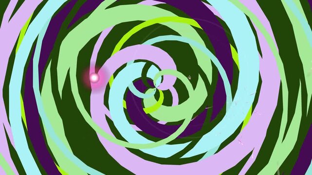 Colorful abstract psychedelic swirl pattern with concentric spiral design elements in green purple and blue tones