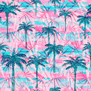 Palm tree seamless pattern on washed striped background