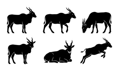 Fototapeta premium African Antelope Silhouettes, Wildlife Vector Icons, Grazing and Standing Mammal Poses