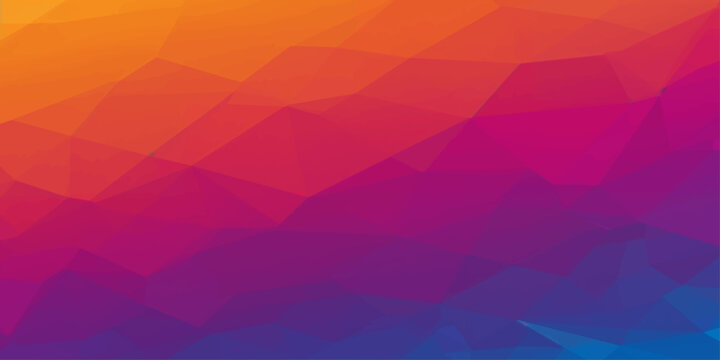 Abstract colorful geometric mountain landscape with triangles, sunset sky, misty hills and natural blue green orange tones wallpaper