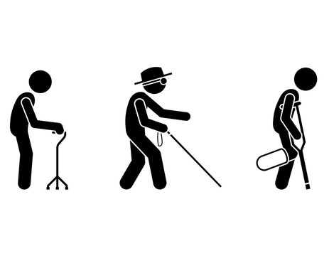 Three black stick figures depicting people with various physical disabilities and mobility aids, including a cane, a walking stick, and crutches, on a white background.