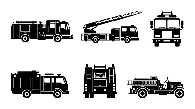 Fire Truck Icons Set, Emergency Vehicle Vector Collection, Rescue Service Graphics, Firefighting Equipment