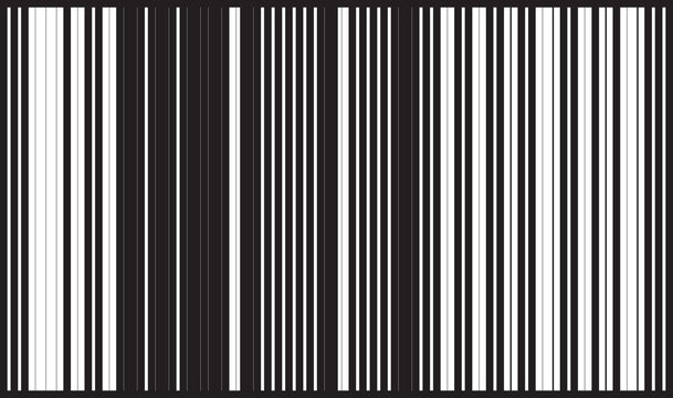 An abstract black and white graphic displays a dense pattern of vertical barcode lines with varying thickness and spacing across a rectangular frame