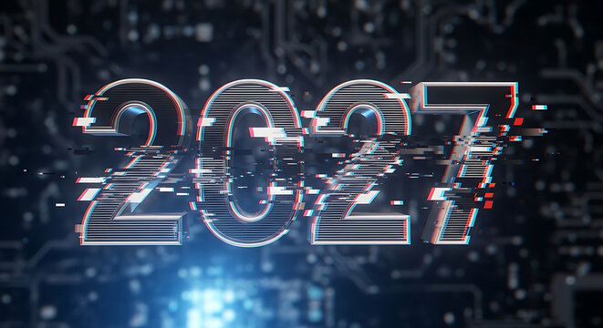 Happy new year 2027 futuristic digital typography with glitch effect
