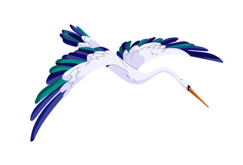 Naklejka premium Crane bird with spread wings is gliding. Japanese heron is flying on journey. Stork flies in the air. Feathered animal is soaring in the sky. Flat isolated vector illustration on white background
