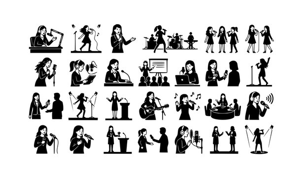 Girls with microphones silhouette icon collection for singing speaking and performance