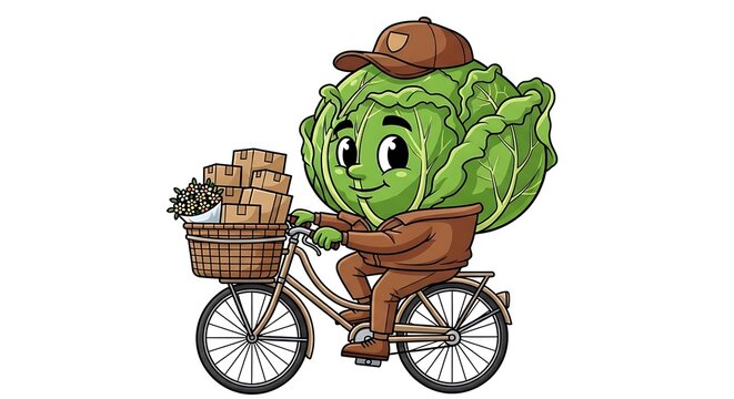 Cartoon green monster riding a tricycle with treasure.