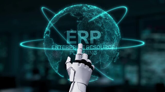 A robotic hand interacts with an ERP concept, symbolizing advanced business strategies in project management, data analytics, and financial planning in a modern office space. Synapse