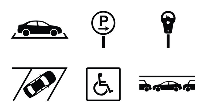 Parking Icons Set: Car, Meter, Sign, Space, Handicap, Vector Graphics