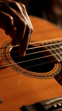 Close up of acoustic guitar strings with warm lighting