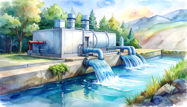 Waste water heat recovery heat pump system displaying sewage greywater extraction and recycled energy concepts with an efficient sustainable watercolor illustration generative AI
