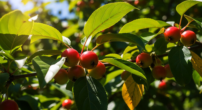 Red crabapples cluster on a sunlit branch with green leaves fruit tree