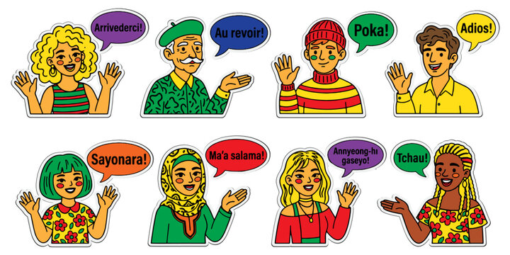 Multilingual farewell diverse cartoon character bust sticker set with arrivederci, au revoir, poka, adios, sayonara, ma'a salama, annyeong-hi gaseyo and tchau speech bubbles in bold colorful style