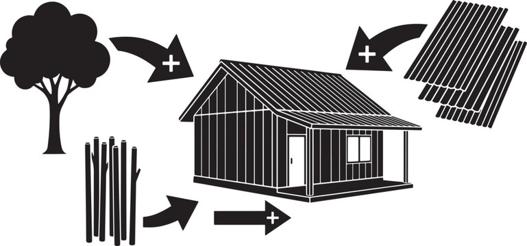House construction diagram with tree lumber and solar panels black silhouette