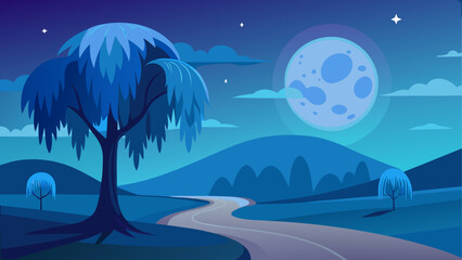 A majestic elephant stands under a glowing blue moon in a surreal landscape © Devili