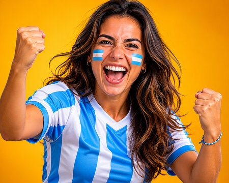 Excited argentine female supporter celebrating victory with clenched fist pose