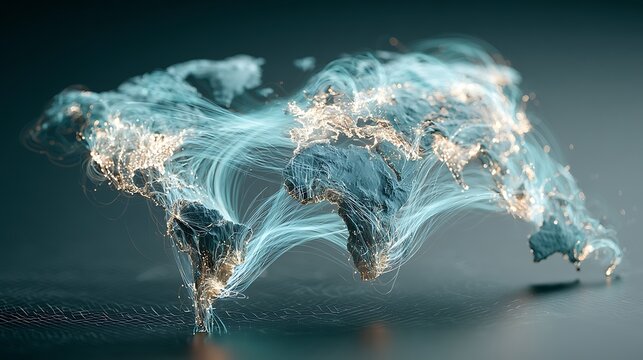 aerial perspective of a glowing world map rendered in deep navy and electric blue tones, with luminous cyan fiber-optic lines arcing gracefully between major global financial hubs across North 