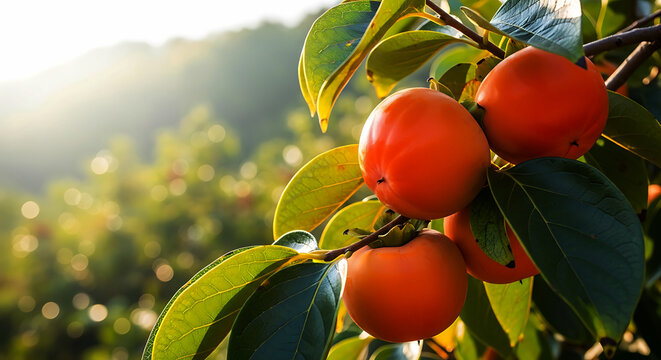 Ripe orange persimmons cluster on a sunlit tree branch with green leaves fruit desig