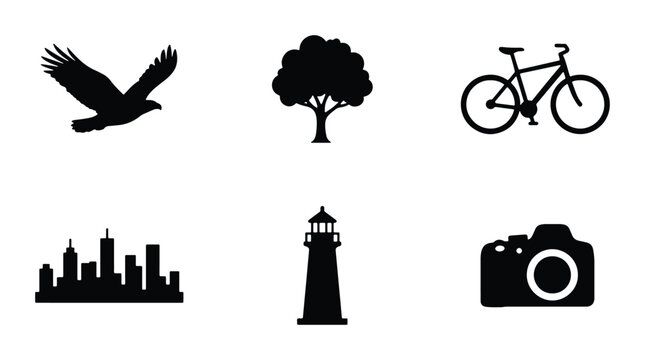 Silhouette Icons: Eagle, Tree, Bicycle, Cityscape, Lighthouse, Camera Vector Set