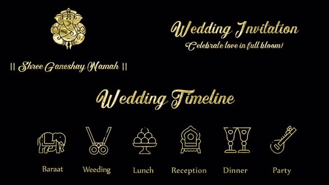 India Wedding Golden Title and Timeline Icons animation with Transparent Background