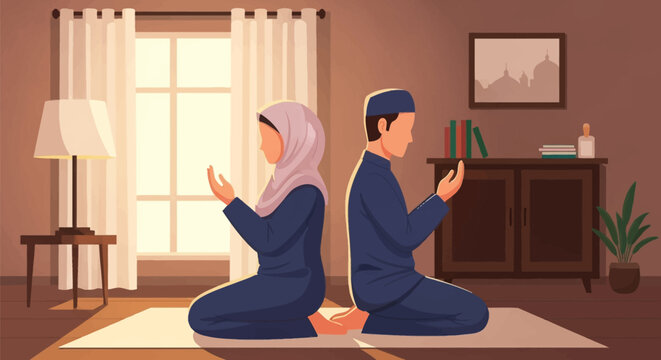 Flat vector illustration of a Muslim couple sitting back-to-back on a rug indoors, performing supplication with raised hands, featuring a window, lamp, cabinet, and mosque art.