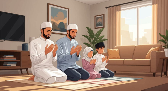 Muslim family with two men and two children sitting on prayer mats in a modern living room, performing Dua with hands raised in supplication during a bright morning at home.