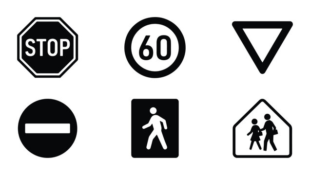 Road Signs Collection: Stop, Speed Limit 60, Give Way, No Entry, Pedestrian Crossing, School Zone