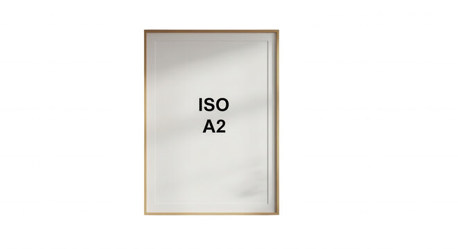 Vertical a2 iso paper size frame with a light wooden border, isolated on a solid black background, with soft natural, leaf shadows