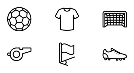 Soccer Icons Set, Football Equipment Vector Graphics, Sports Gear Line Art Collection © Arifuz