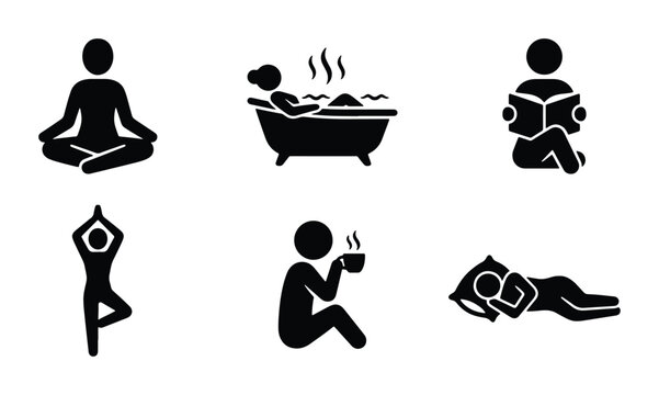 Relaxation Icons Set: Meditation, Bath, Reading, Yoga, Coffee, Sleep, Wellness Vector Graphics
