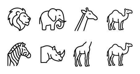 African Wildlife Icons Set: Lion, Elephant, Giraffe, Camel, Zebra, Rhino Line Art Vector Collection © Fahmida