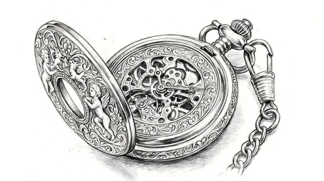 Vintage pocket watch sketch with intricate gears and cherub carvings on ornamental silver case opening to show mechanical movement.