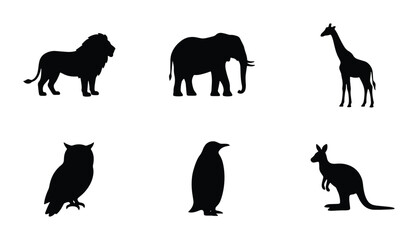 Diverse Animal Silhouettes Collection, Safari Wildlife Icons, Penguin, Owl, Kangaroo Vector Set © Rakib