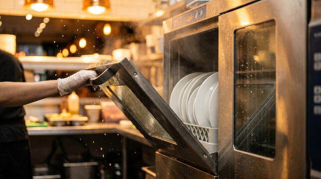 Kitchen worker in white gloves opening steaming commercial dishwasher filled with clean white plates in busy restaurant kitchen environment during lunch shift with bright indoor light.