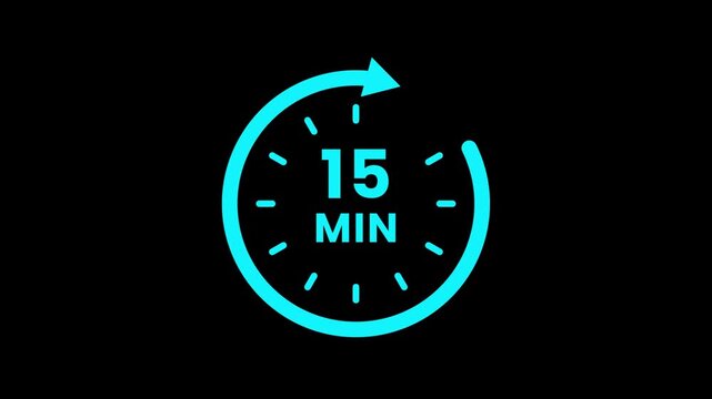 Timer 15 minutes countdown clock with circular arrow on Black background. Clock with 15 minute and circular arrows timer animation. 15 Min arrow clock icon animation. 4k video