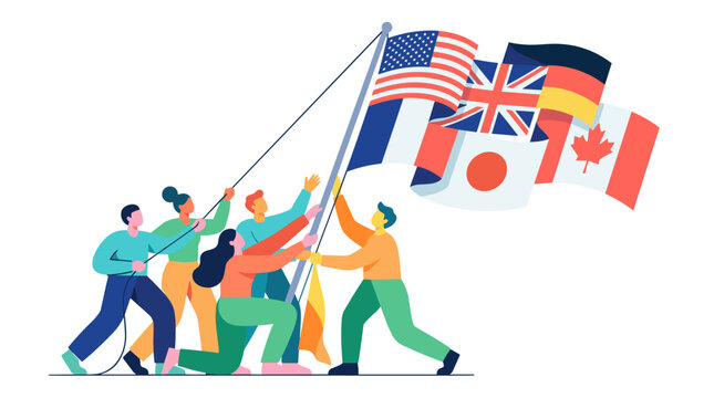 Teamwork Among Sailors Raising International Flags.