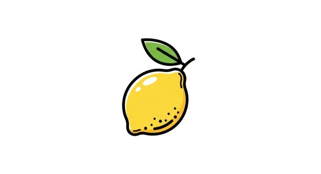 Yellow whole lemon fruit with green leaf line art