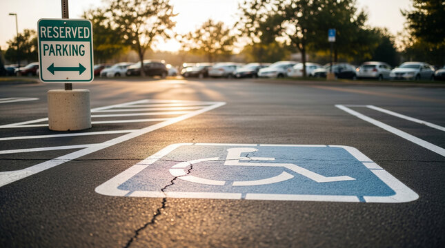 Accessible parking lot with reserved space marked by wheelchair symbol and signage, cars and trees in background &mdash; inclusivity, disability access, public space compliance concept