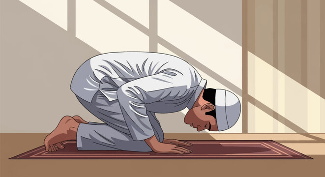 Vector illustration of a Muslim man in white prayer clothes performing the Sujud prostration on a prayer rug in a room with soft shadows and natural sunlight from a window.