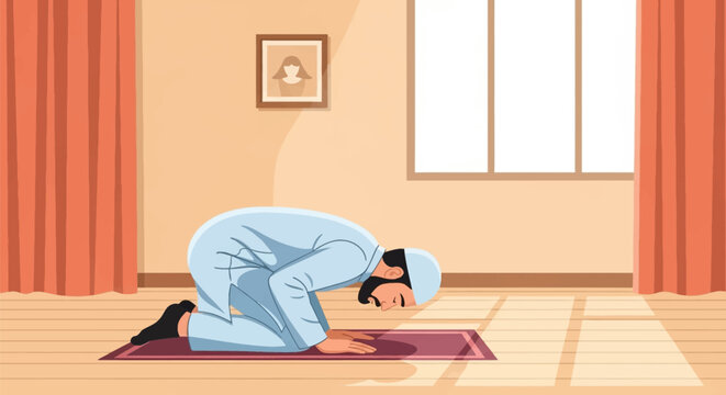 Vector illustration of a Muslim man performing sujud prostration on a prayer mat inside a bright room, wearing a kufi cap and light blue traditional dress during daily salah prayer.