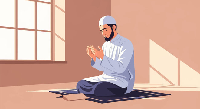 Flat vector illustration of a Muslim man wearing a white skullcap and thobe sitting on a prayer mat, holding his hands up in dua supplication inside a room with a sunlit window.