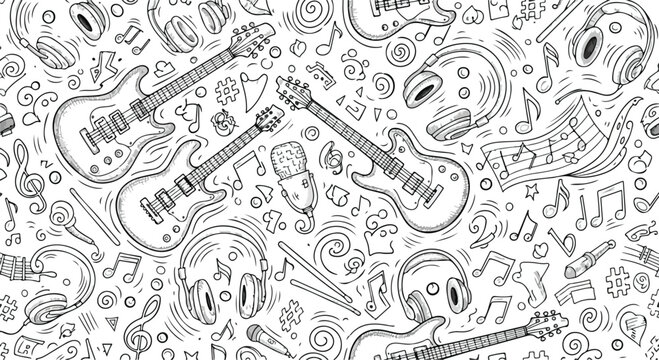 Vibrant music themed doodle illustration with guitars, headphones, and notes on white background
