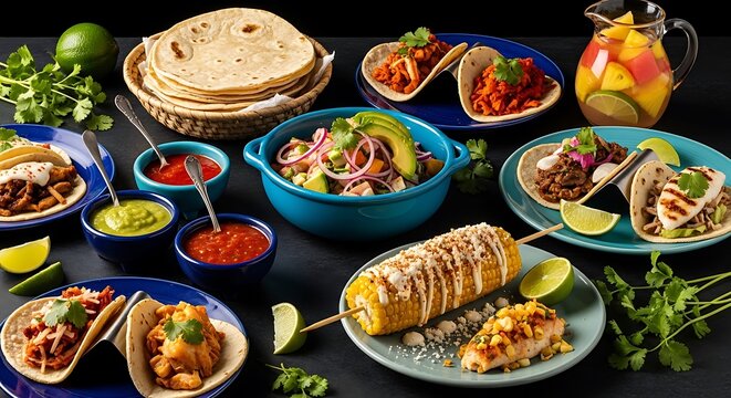 Delicious mexican food spread with tacos tortillas and corn on a black table. fiesta dinner ideas