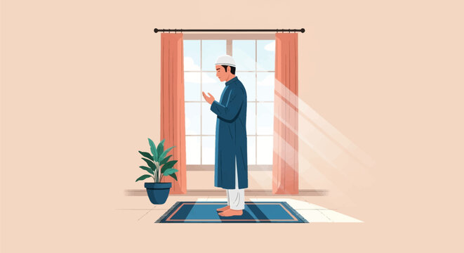 Vector illustration of a Muslim man in a blue thobe and white kufi performing prayer on a prayer mat indoors by a window with sunlight, curtains, and a potted plant nearby.
