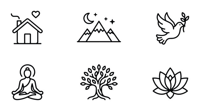 Minimalist Icons: Home, Nature, Peace, Buddha, Tree of Life, Lotus Flower Vector Set