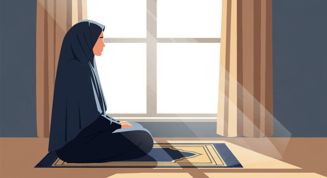 Vector illustration of a Muslim woman wearing a dark blue hijab and abaya sitting on a prayer mat in profile view by a window with bright sun rays streaming into the room.