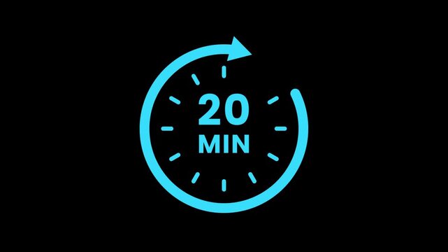 Timer 20 minutes countdown clock with circular arrow. Clock with 20 minute and circular arrows timer animation. 20 Min arrow clock icon animation.