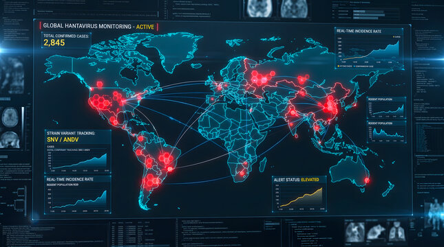 Global digital map with virus outbreak hotspots and statistical data dashboard