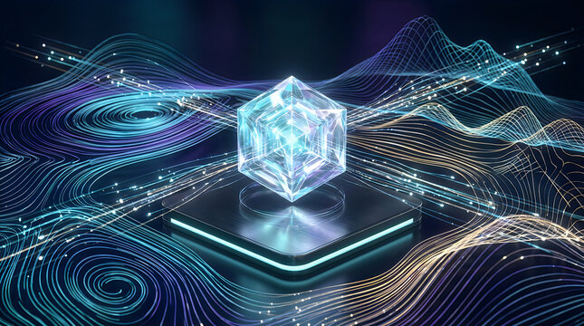 Glowing glass cube on computer processor chip with abstract digital data lines and waves in dark space